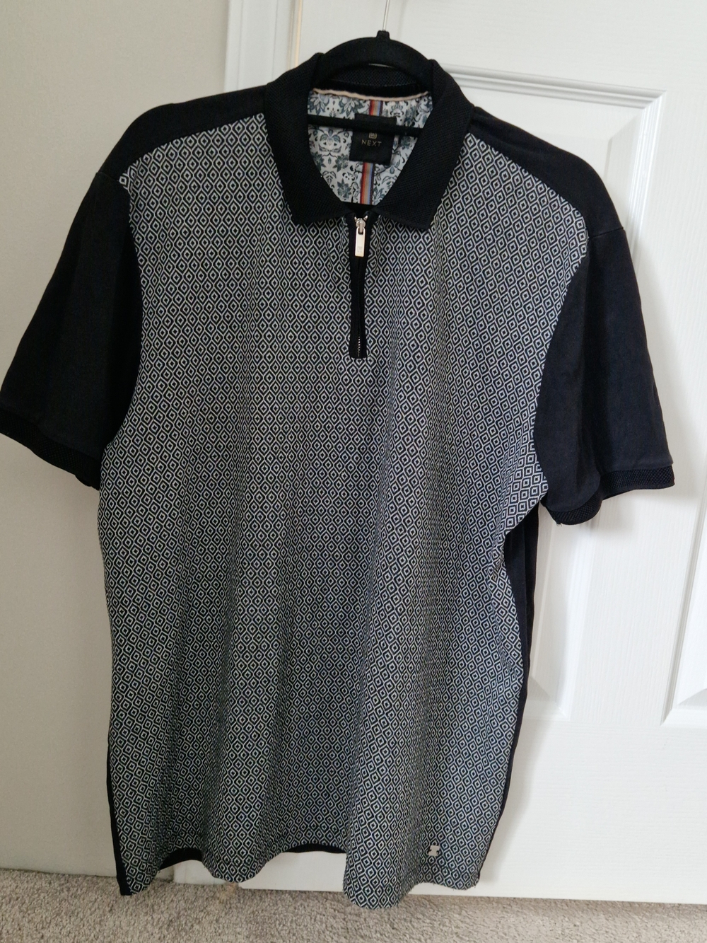 Next Black and White Geometric Zip Polo